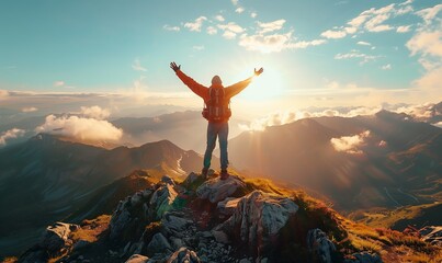 Wall Mural - Hiker with arms outstretched standing on top of a mountain peak, Hiker celebrating success on the top of a mountain, Full rear view