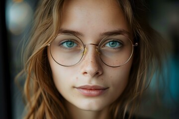 Wall Mural - Close-up portrait of a serene and captivating young woman with clear eye contact, wearing stylish glasses and exuding confidence and beauty