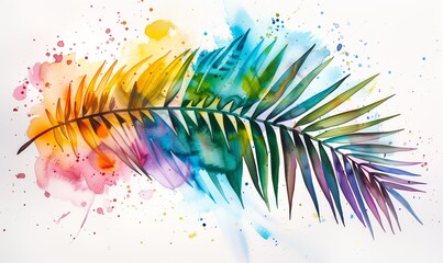 Wall Mural - Fashion vector illustration with tropical palm leaves in the colors of the rainbow, watercolor style