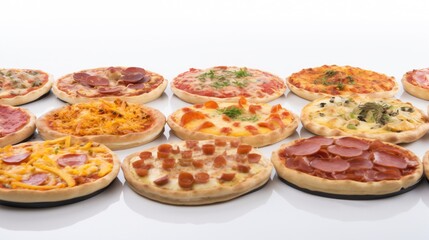 Wall Mural - Various pizzas in a row, on a white background. Traditional Italian cuisine. AI generated.