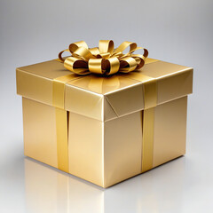 Shiny gold striped gift box with festive ribbon isolated on white background