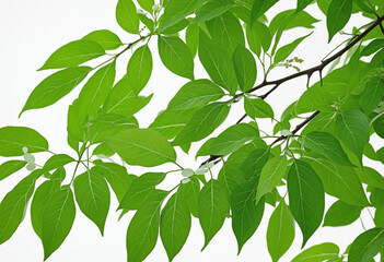 A vibrant collection of green leaves and tree branches against a clean white backdrop