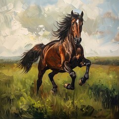 A Bay Horse Running Through a Meadow