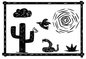 Wall Mural - Scene from the northeastern backlands. Desert nature elements, snake, tree, cactus and scorching sun. woodcut style