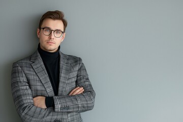 Wall Mural - a young man in a suit and glasses standing against a gray wall