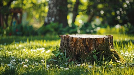 Poster - Old tree stump in the park on fresh green grass in the garden during the early spring season