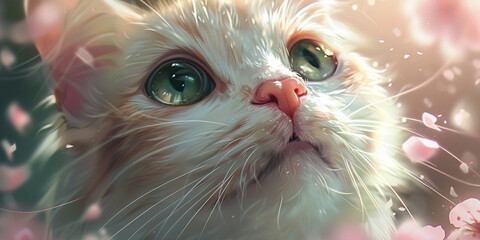 Wall Mural - A cute white cat with green eyes, pink flower petals flying around its face, fantasy style