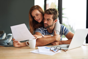 Poster - Finance, laptop and tax with couple in home together for bank investment or savings. Accounting, budget or documents for wealth management with man and woman in planning on computer in apartment