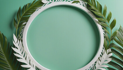 Wall Mural - Luxurious tropical nature-inspired stage backdrop featuring a blank circular pedestal for showcasing products in a minimalistic, geometric design with green leaf accents