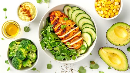 Wall Mural - Healthy grilled chicken salad with fresh avocado, cucumbers, and microgreens. Bright and colorful meal prep. Perfect for a nutritious lunch or dinner. Culinary presentation and recipe inspiration. AI