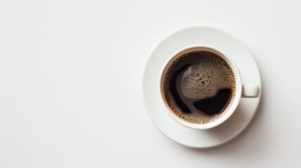 Wall Mural - Black coffee in a white cup with saucer on a white backdrop