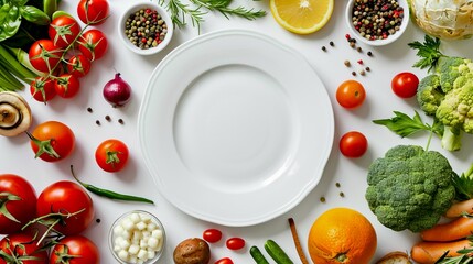 Wall Mural - Colorful Fresh Vegetables Around Empty White Plate. Flat Lay of Varied Produce on White Background. Perfect for Healthy Eating, Cooking, or Diet Conceptual Images. High-Resolution Food Photography. AI