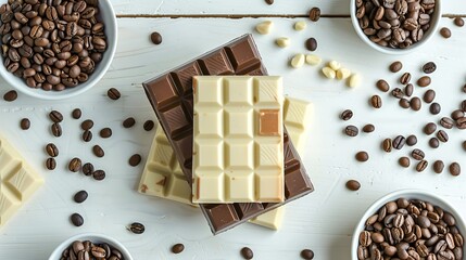 Canvas Print - Top view of assorted chocolate bars on a table surrounded by coffee beans. Simple yet elegant. Ideal for culinary blogs or marketing. AI