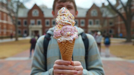 Wall Mural - A boy holding a large ice cream cone in front of him, AI