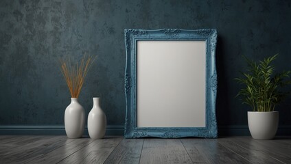 Empty poster frame on living room wall, white space for photo or text