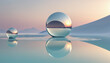 © SR07XC3 - Three-dimensional geometric landscape featuring clear glossy mirror-like glasses on flat round hills, with a surreal reflection in the water, creating a minimalist futuristic aesthetic wallpaper