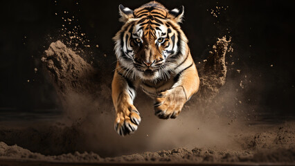 Wall Mural - Majestic tiger in mid-sprint, capturing the dynamic motion and raw power of this wild predator.






