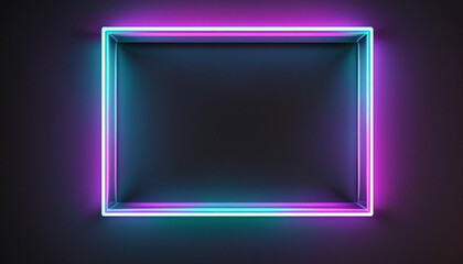 Wall Mural - futuristic 3d neon square frame glowing with gradient light on a dark background, perfect for produc