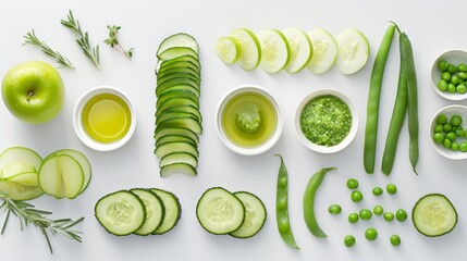 Wall Mural - Fresh green vegetables and fruits on white background. Healthy food concept with cucumbers, beans, apple, and lime in minimalist style. Perfect for diet, wellness, and nutrition-themed usage. AI