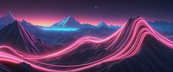 Wall Mural - futuristic three-dimensional neon landscape with dynamic lines in motion, creating a surreal panoram