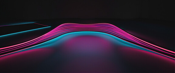 Wall Mural - Three-dimensional neon lines create a dynamic and futuristic panoramic wallpaper with a glowing spiral effect on a dark background