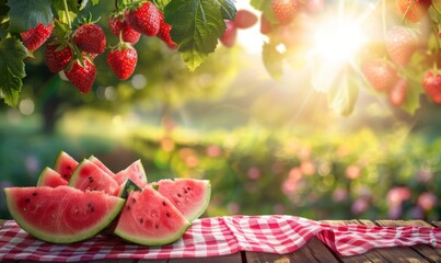 Wall Mural - Juicy watermelon slices on a picnic table