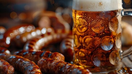 Wall Mural - A close up of a glass full of beer and sausages, AI