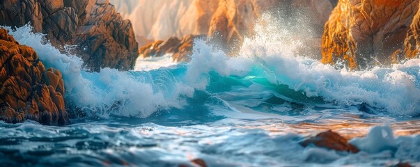 Wall Mural - Ocean waves crashing against rocky cliffs