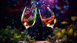 © PhotoWhiz - Vibrant and festive scene of two wine glasses clinking with splashes of colorful wine.