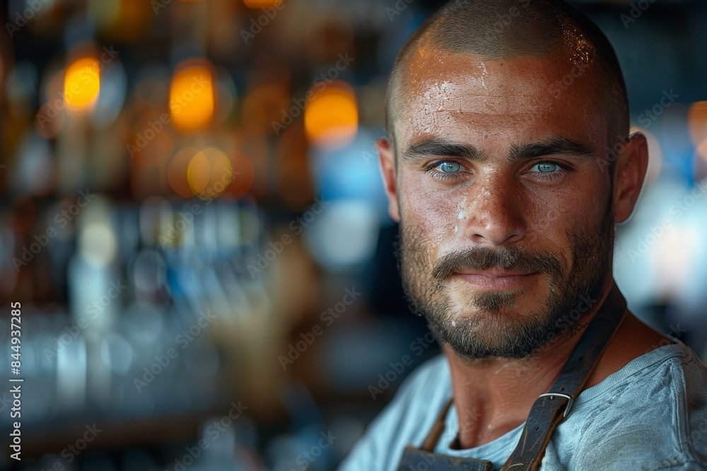 A focused male chef with striking blue eyes and a sweaty face after a busy service