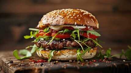 Sticker - Home made beef burger close up on wooden surface