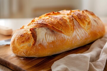 Freshly baked artisan sourdough loaf cooling on wooden board. Filling kitchen with warm aroma. Crusty texture made with natural wheat flour and yeast. Perfect for any meal. Traditional and delicious