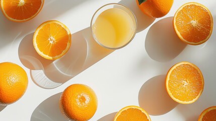 Wall Mural - Orange Juice and Whole Oranges Against a White backdrop