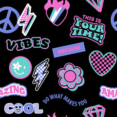 Wall Mural - Abstract seamless pattern with stickers  on retro style. Funny background. Wallpaper for cool teen girl