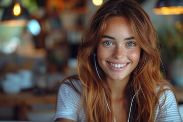 A close-up of a young woman with freckles and bright blue eyes smiling with earphones