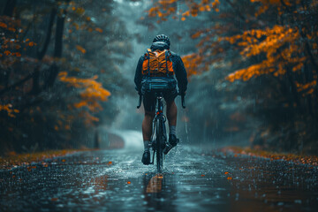 Poster - A cyclist braving the rain on a deserted road. Concept of perseverance and outdoor adventure in adverse conditions. Generative Ai.