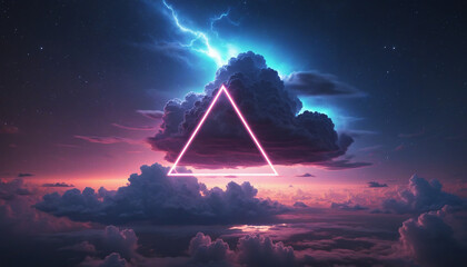 Wall Mural - Futuristic 3D neon triangle frame with stormy clouds against a night sky, creating a surreal atmosphere