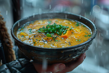 Poster - A person enjoying a steaming bowl of soup while it rains outside. Concept of comfort food and warmth on a rainy day. Generative Ai.