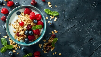 fresh milk or yogurt bowl of cereal flakes, dried nuts and berries fruits cold naturiouse breakfast