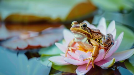 Wall Mural - Frog sitting on water lily leaf in garden pond s natural habitat