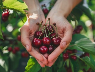 Wall Mural - Women's hands hold fresh and ripe cherries in the background of the orchard