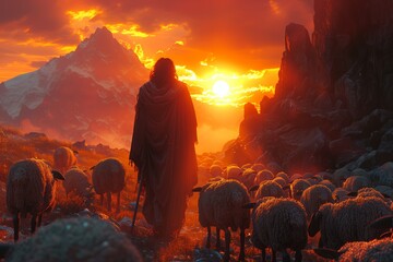 Wall Mural - Jesus Christ Shepherding His Flock at Sunrise: AI-generated Biblical Scene