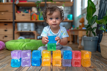 Poster - A toddler building a tower with colorful blocks. Concept of fine motor skills and creativity in play. Generative Ai.