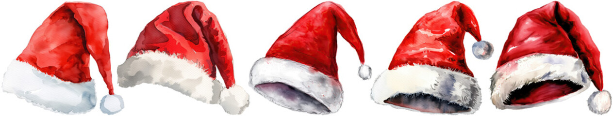 set of watercolor santa claus hats, cut out