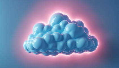 Three-dimensional cumulus cloud glowing with pink neon light, set against a pastel blue isolated background, a surreal and futuristic wallpaper concept