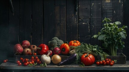 Wall Mural - Vegetables displayed against a dark wooden backdrop