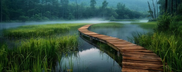 Wall Mural - Wooden boardwalk through a marsh