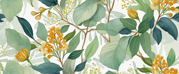 Wall Mural - Vintage watercolor pattern featuring a linden branch and floral elements on a fashionable painted shawl background