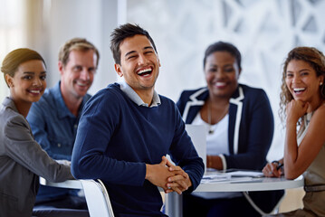 Wall Mural - Happy, business people and meeting in portrait for teamwork synergy and collaboration in office. Smile, corporate group and paperwork in conference room for communication and planning sales target