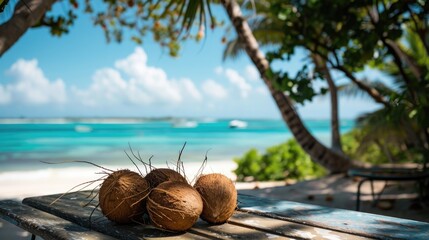 Wall Mural - Summer picture featuring coconuts on a table with a view of the ocean